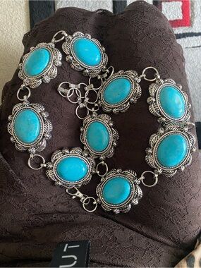 Turquoise Statement belt- Silver-Tone  turquoise and pearls